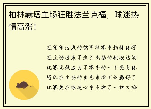 柏林赫塔主场狂胜法兰克福，球迷热情高涨！